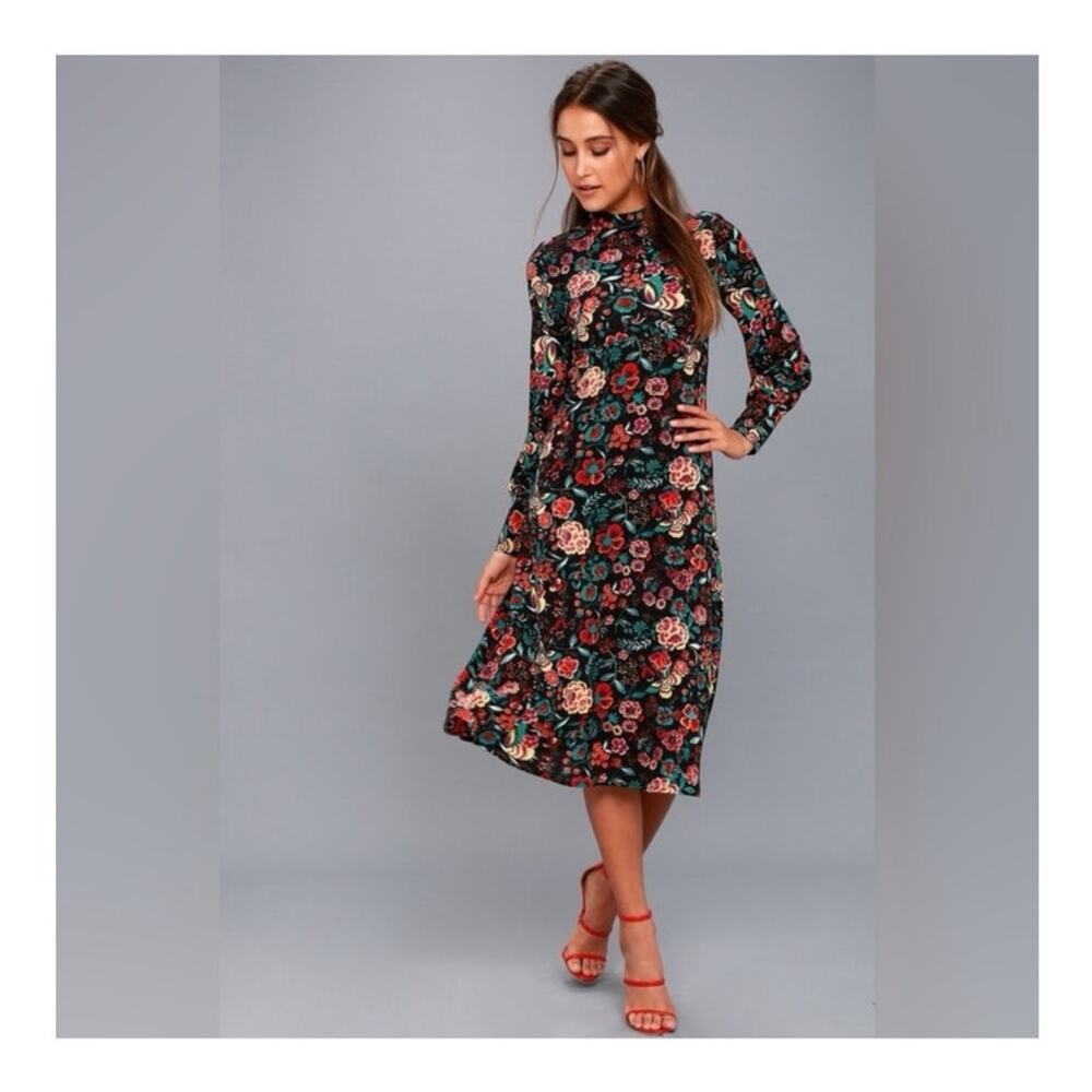 LULUS RETRO READY BLACK MULTI FLORAL LONG SLEEVE MIDI DRESS